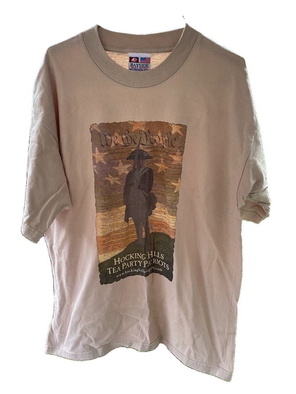 Vintage Bayside Mens T-Shirt Size L  “Hocking Hills” Tea Party Patriots Tan USA